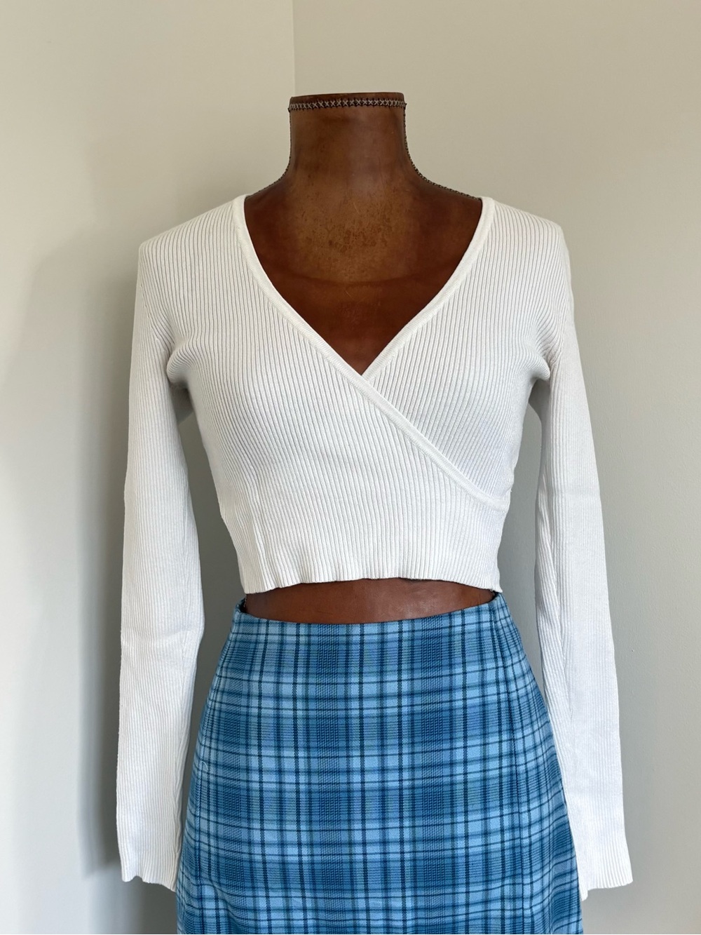Forever 21 White Ribbed Wrap Top Long Sleeve Crop Top Medium